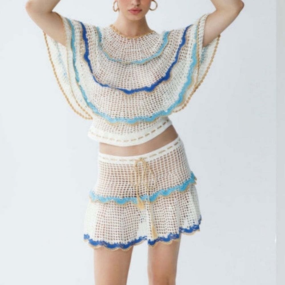 Revolve My Beachy Side Boho Cream Gold Blue Rima Crochet Top Size Small NWT! - Picture 4 of 13